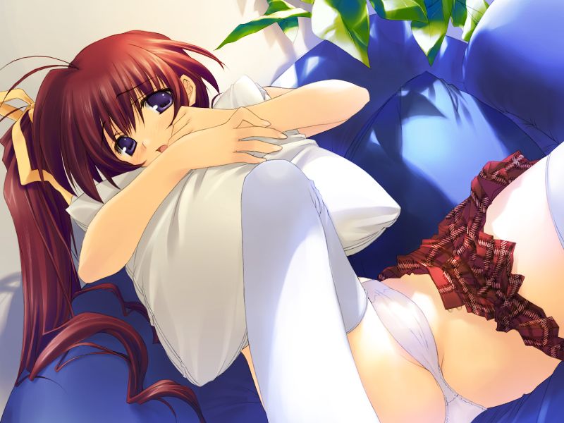 mitsumi misato, takase mizuki, comic party, game cg, 00s, 1girl, antenna hair, blue eyes, bow, chair, clothes pull, female focus, hair ribbon, hugging object, long hair, lying, on back, panties, pillow, pillow hug, pleated skirt, ponytail, purple eyes, red hair, ribbon, school uniform, serafuku, side ponytail, sitting, skirt, skirt pull, solo, spread legs, thighhighs, underwear, white panties, white thighhighs, yellow bow