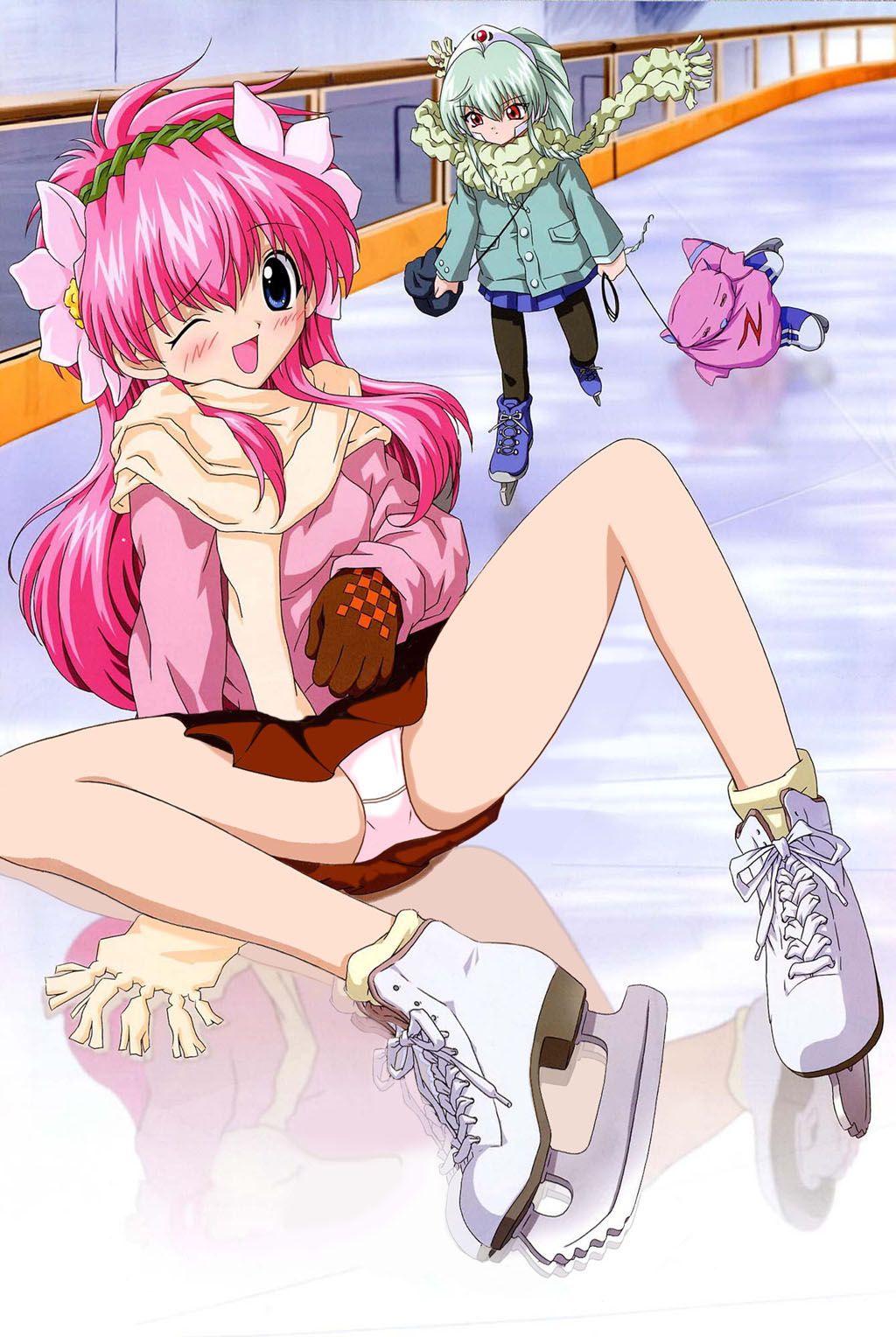 hagiya yasunari, milfeulle sakuraba, normad, vanilla h, galaxy angel, megami magazine, black legwear, highres, official art, scan, third-party edit, 00s, 2girls, ;d, = =, age difference, aqua hair, bag, blue eyes, blush, buttons, coat, dragging, drill hair, fallen down, flower, gem, gloves, hair between eyes, hair flower, hair ornament, hairband, handbag, headdress, ice skates, leash, legs, long hair, looking at viewer, miniskirt, multiple girls, one eye closed, open mouth, panties, pantyhose, pantyshot, pink hair, pleated skirt, ponytail, red eyes, reflection, scarf, shirt, sidelocks, sitting, skates, skirt, smile, socks, spread legs, standing, sweater, transparent, twin drills, twintails, underwear, upskirt, white panties, wince, wink