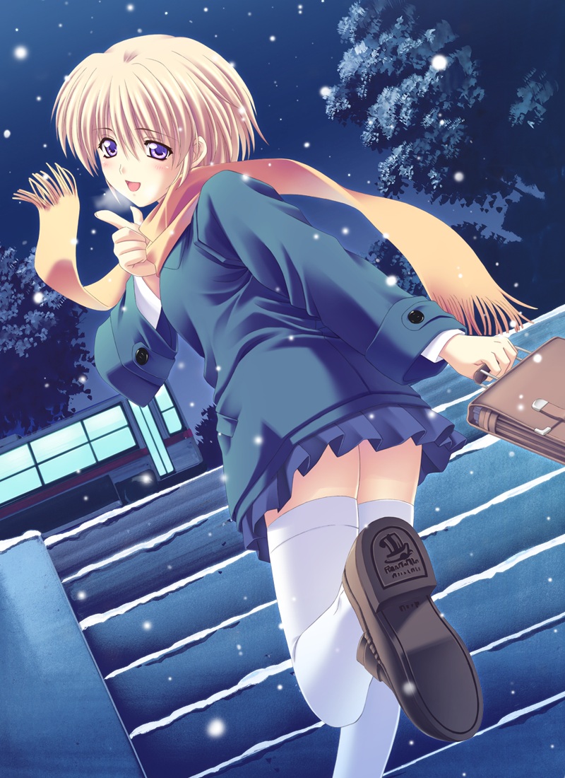 kusukusu, kitazawa miyako, dear my friend, game cg, 1girl, blazer, blonde hair, dutch angle, female focus, jacket, scarf, school uniform, shoe soles, solo, stairs, thighhighs