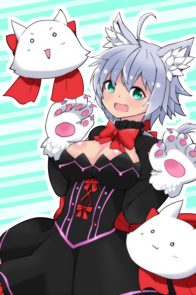 kazunoko (saria001), emil chronicle online, 1girl, ahoge, animal ears, animal hands, black dress, blue eyes, bow, breasts, cerberus (eco), cleavage cutout, clothing cutout, dog ears, dog girl, dress, familiar, gloves, hair bow, large breasts, low twintails, necktie, open mouth, paw gloves, red bow, red necktie, red ribbon, ribbon, twintails, white hair