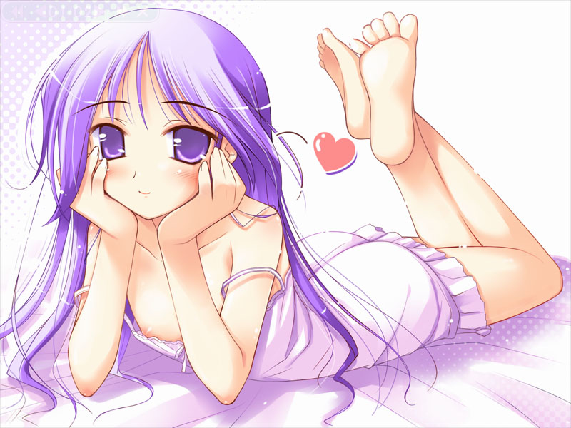 ko~cha, watarase jun, happiness!, duplicate, 00s, 1boy, barefoot, blush, feet, flat chest, hand on own face, head rest, heart, lingerie, long hair, lying, male focus, nightgown, nipple slip, nipples, on stomach, pajamas, purple eyes, purple hair, smile, soles, solo, strap slip, toes, trap, underwear