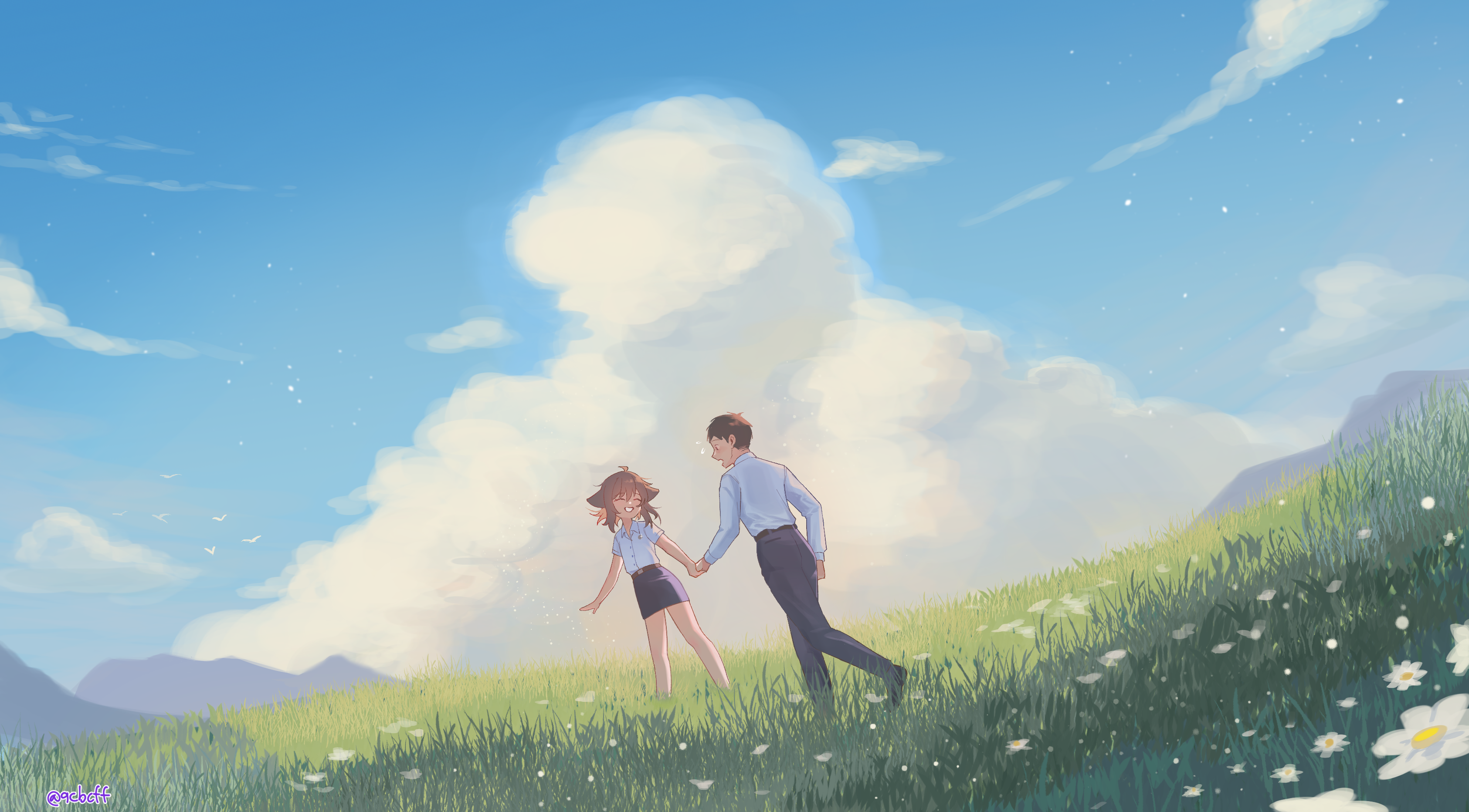 rat squeak, original, absurdres, commentary, english commentary, highres, 2boys, animal ears, black pants, black skirt, blue sky, brown hair, cloud, day, flock, flower, flying sweatdrops, grasslands, holding hands, landscape, multiple boys, outdoors, pants, scenery, shirt, skirt, sky, smile, trap, twitter username, walking, white shirt, wide shot