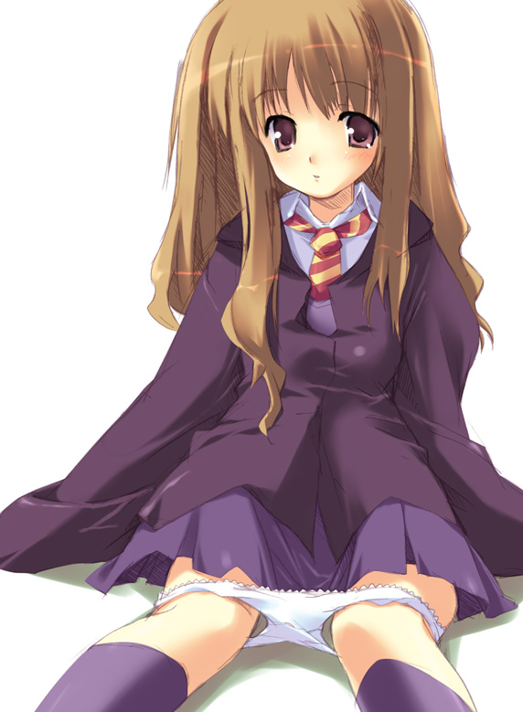 shiranagi masa, hermione granger, harry potter (series), wizarding world, striped neckwear, 1girl, black socks, brown eyes, brown hair, dress shirt, female focus, jacket, kneehighs, lace, lace-trimmed panties, lace trim, long hair, miniskirt, necktie, panties, panty pull, school uniform, serafuku, shirt, sitting, skirt, socks, solo, striped necktie, underwear, vest, white panties