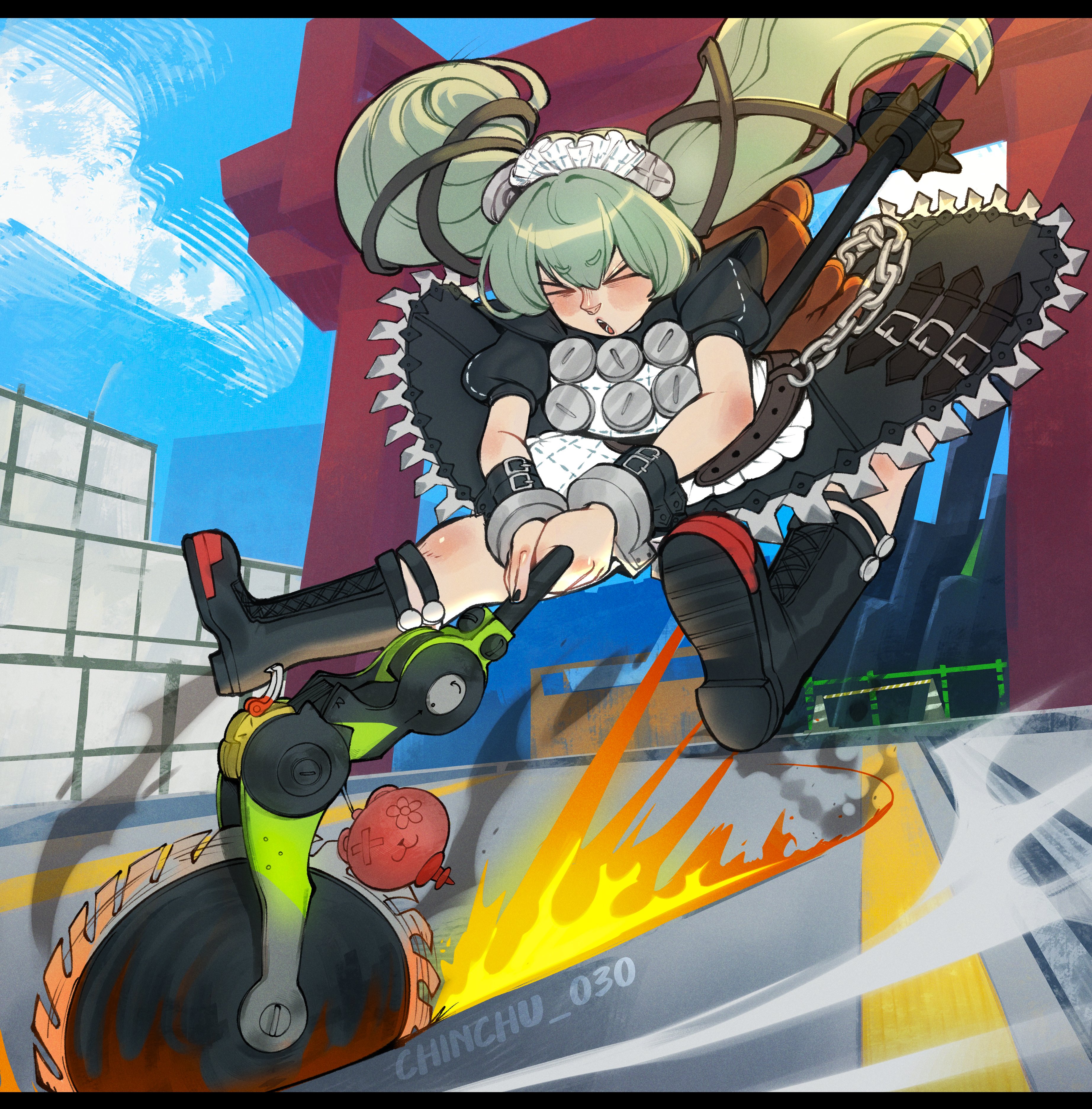 corin wickes, zenless zone zero, absurdres, highres, chinchu, closed eyes, fire, holding, holding weapon, maid, road, saw, slashing, spread legs, street, weapon