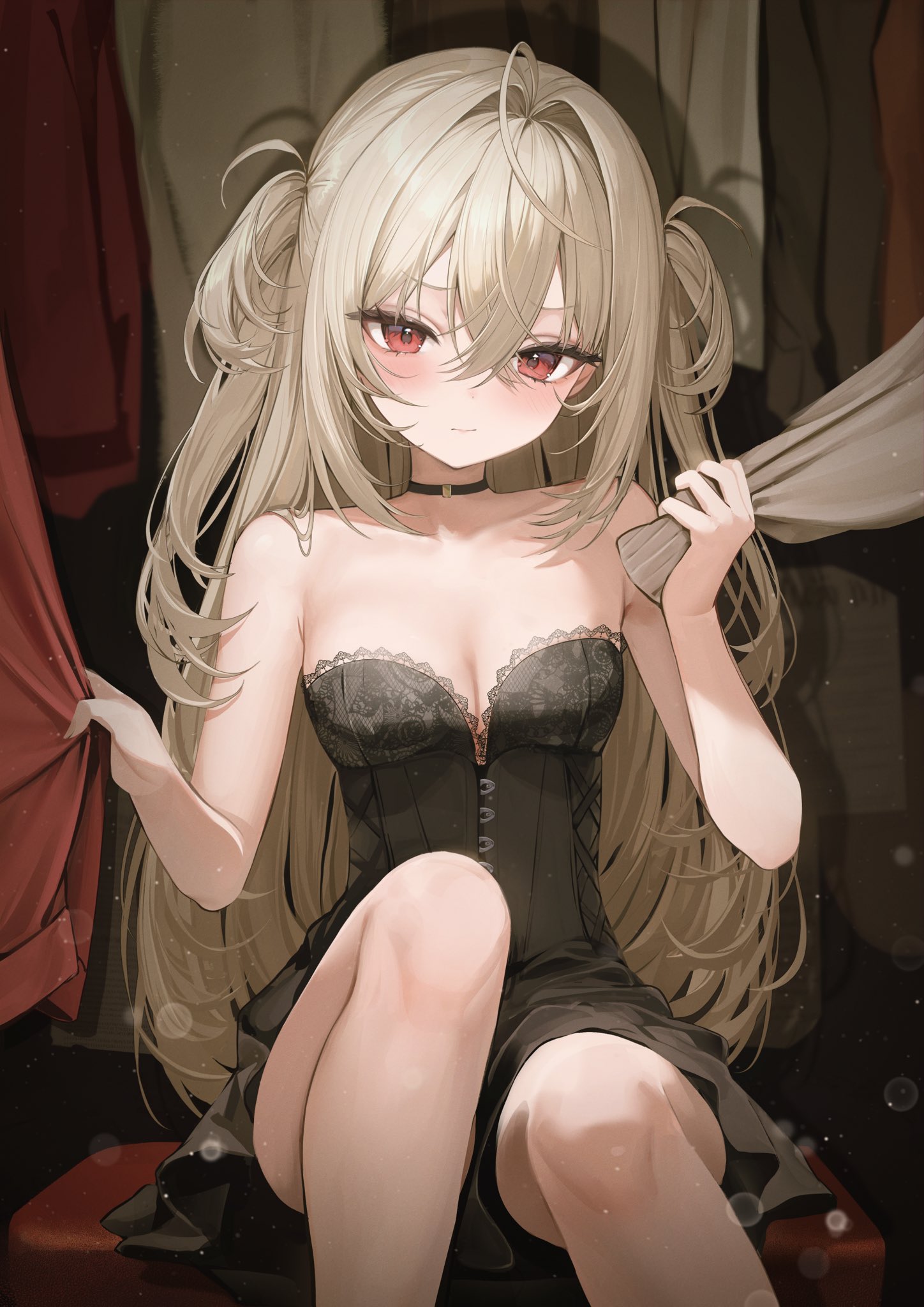 iruka3, original, commentary request, highres, 1girl, ahoge, bare arms, bare shoulders, black choker, black dress, blurry, blurry background, blush, bokeh, breasts, brown hair, choker, closed mouth, crossed bangs, depth of field, dress, feet out of frame, hair between eyes, hair intakes, huge ahoge, light particles, long hair, looking at viewer, medium breasts, red eyes, sitting, solo, strapless, strapless dress, two side up, very long hair