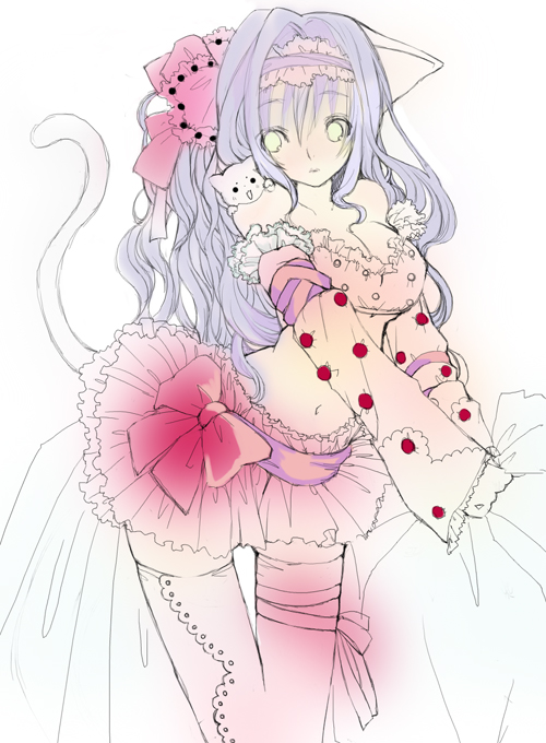 saibashi, original, 1girl, animal ears, blue hair, bow, breasts, cat, cat ears, cat tail, cleavage, detached sleeves, different socks, female focus, green eyes, hairband, lace, long hair, medium breasts, midriff, polka dot, ribbon, single thighhigh, solo, tail, thighhighs