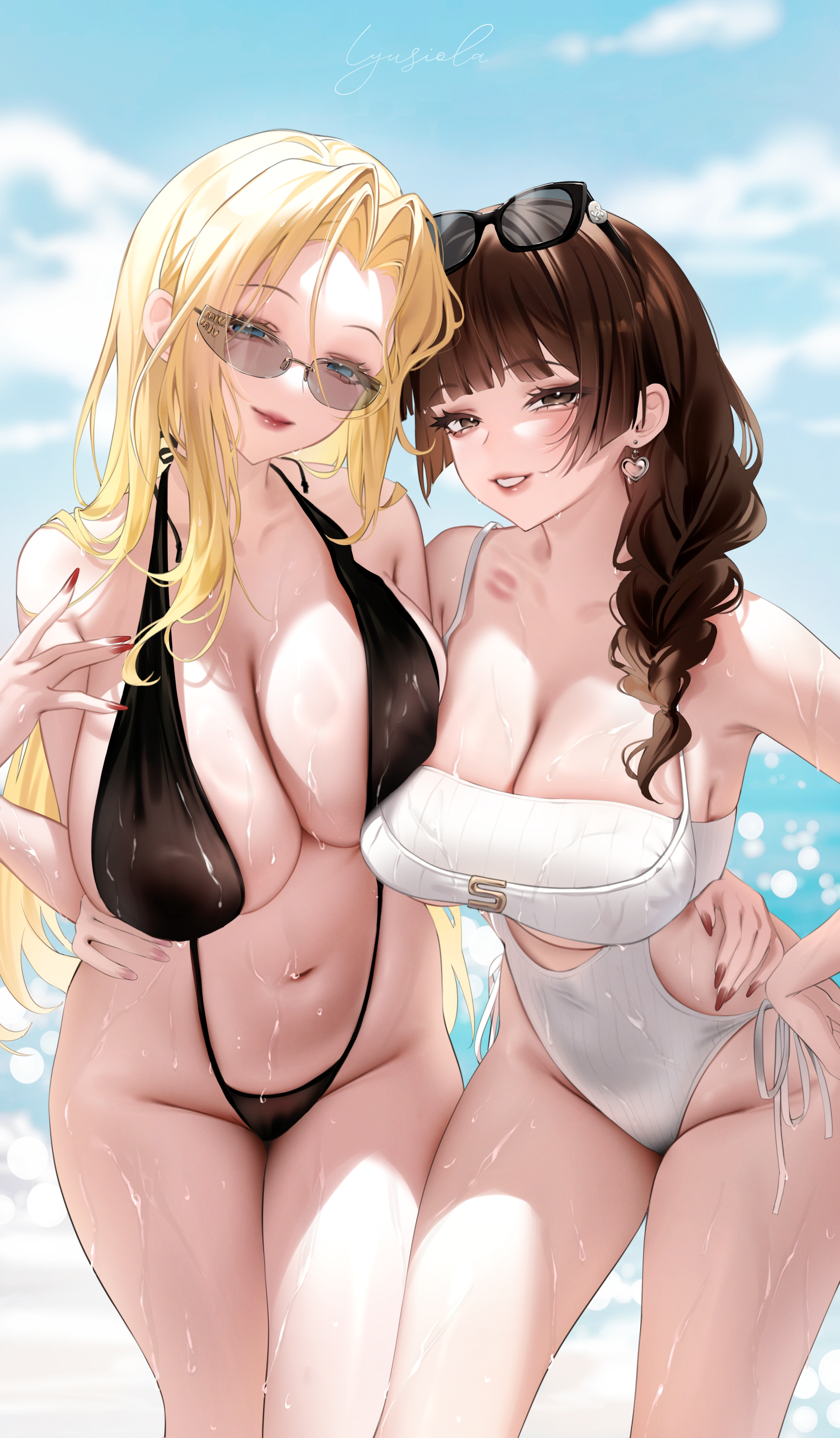 lyusiola, original, absurdres, commentary request, commission, highres, 2girls, black one-piece swimsuit, blonde hair, blue eyes, blurry, blurry background, breasts, brown eyes, brown hair, casual one-piece swimsuit, cleavage, earrings, eyewear on head, grin, jewelry, large breasts, long hair, looking at viewer, multiple girls, nail polish, navel, one-piece swimsuit, smile, sunglasses, swimsuit, thighs, wet, white one-piece swimsuit