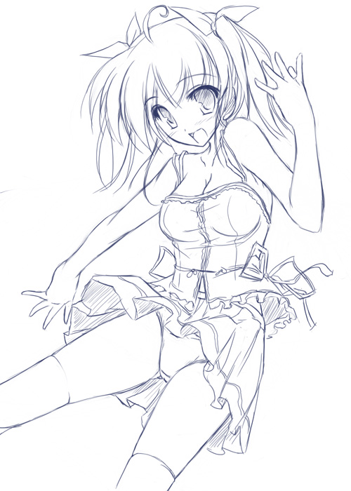tenmaso, breasts, cleavage, dress, greyscale, hair ribbon, monochrome, open mouth, panties, pantyshot, ribbon, solo, thighhighs, underwear