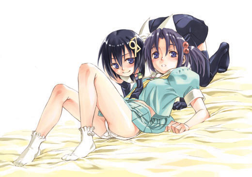 satou atsuki, 98-tan, 98se-tan, os-tan, 2girls, all fours, arm support, black hair, black thighhighs, blouse, blue eyes, blue hair, bob cut, feet, hair bobbles, hair ornament, lying, miniskirt, multiple girls, panties, pantyshot, shirt, short twintails, sitting, skirt, socks, thighhighs, twintails, underwear, white panties