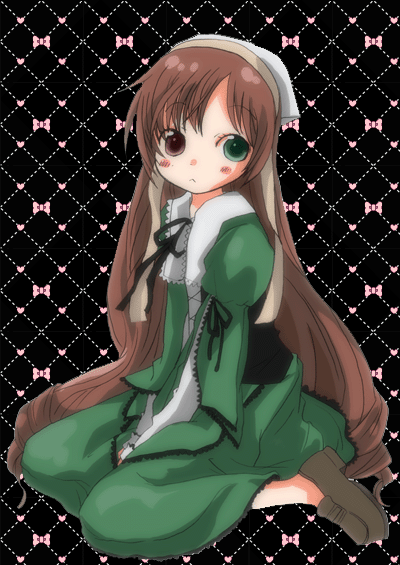 honami yuu, suiseiseki, rozen maiden, 00s, 1girl, :<, between legs, black background, black ribbon, blush, brown eyes, brown shoes, dress, female focus, full body, green dress, green eyes, hand between legs, hat, headscarf, heterochromia, long hair, long sleeves, puffy long sleeves, puffy sleeves, ribbon, shoes, simple background, sitting, solo, very long hair, wariza, white headscarf