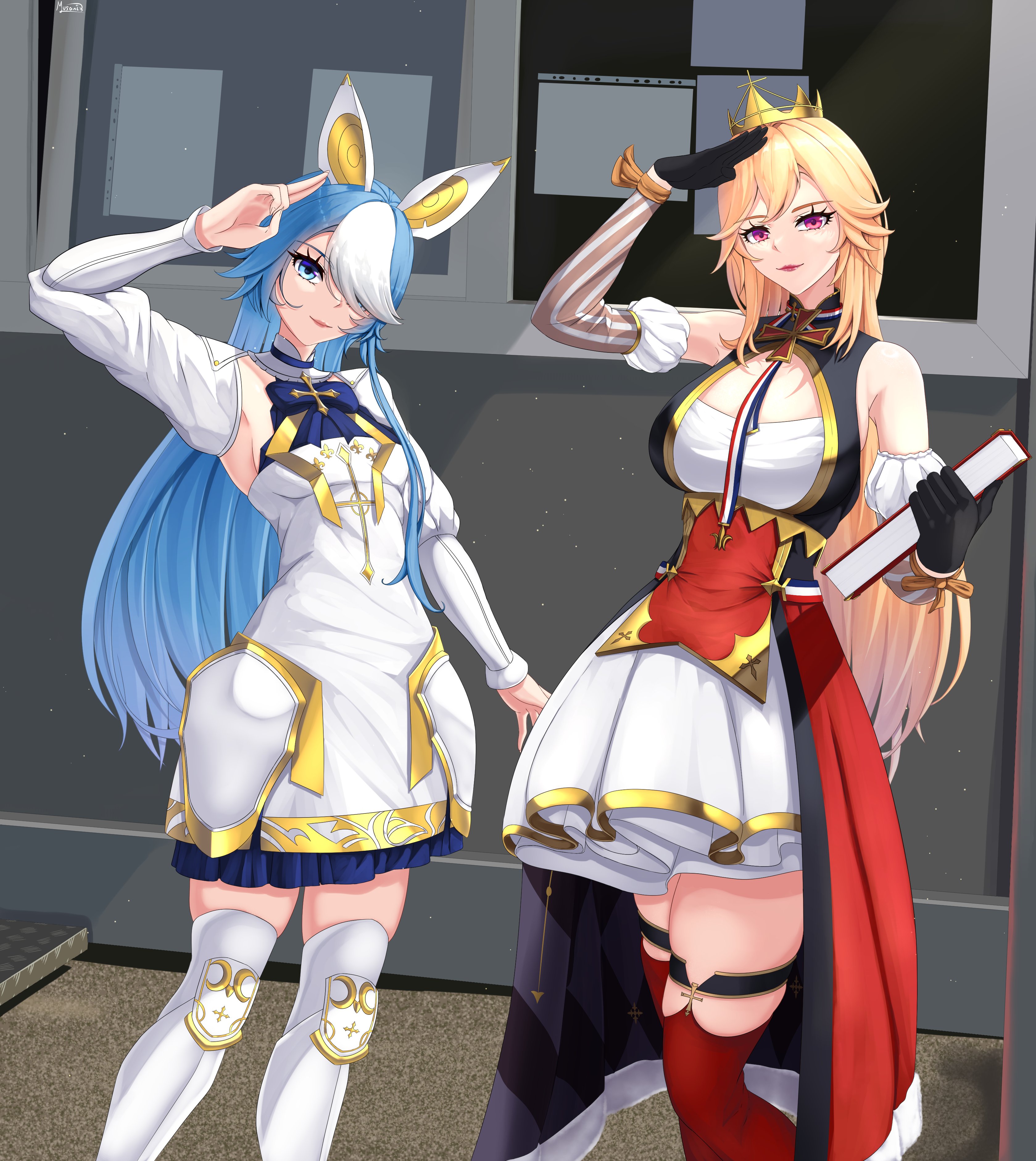 musanix, maille-breze (azur lane), richelieu (azur lane), azur lane, absurdres, highres, 2girls, black gloves, blonde hair, blue eyes, blue hair, crown, dress, fleur-de-lis, french flag, gloves, hair over one eye, long hair, looking at viewer, multicolored hair, multiple girls, red eyes, red thighhighs, salute, shield, smile, thighhighs, two-finger salute, vertical-striped sleeves, very long hair, white hair