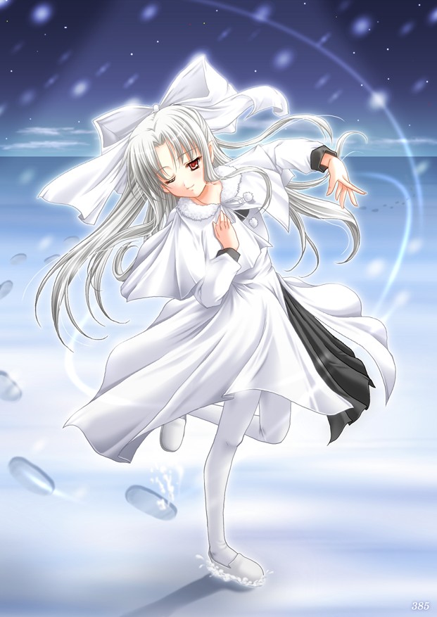 miyai sen, len (tsukihime), white len (tsukihime), melty blood, tsukihime, type-moon, 00s, half updo, pantyhose, pointy ears, red eyes, ribbon, snow, solo, white hair