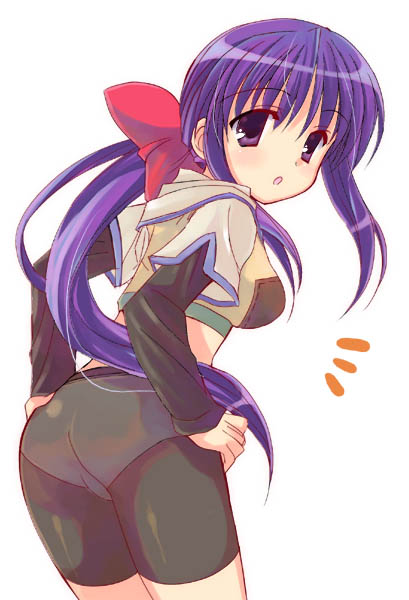 otoutogimi, hunter (ragnarok online), ragnarok online, ass, bike shorts, hunter, panties, ponytail, see-through clothes, simple background, solo, underwear, white background