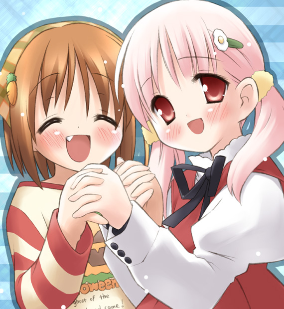 eretto, kiriyama sakura, waha, yamato suzuran, sakura musubi, suigetsu, plaid, striped, 2girls, bandana, blush, carrot, carrot hair ornament, child, closed eyes, crossover, fang, flower, food-themed hair ornament, hair ornament, hairclip, happy, holding hands, lily of the valley, multiple girls, orange hair, pink hair, red eyes, twintails