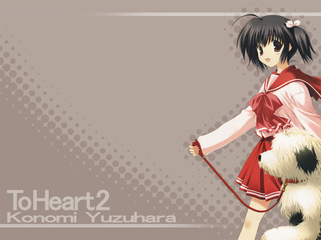 mitsumi misato, genjimaru, yuzuhara konomi, to heart (series), to heart 2, 00s, 1girl, ahoge, bow, brown hair, character name, copyright name, dog, female focus, hair ribbon, leash, looking at viewer, pet walking, pleated skirt, ribbon, short hair, skirt, smile, solo, twintails, walking
