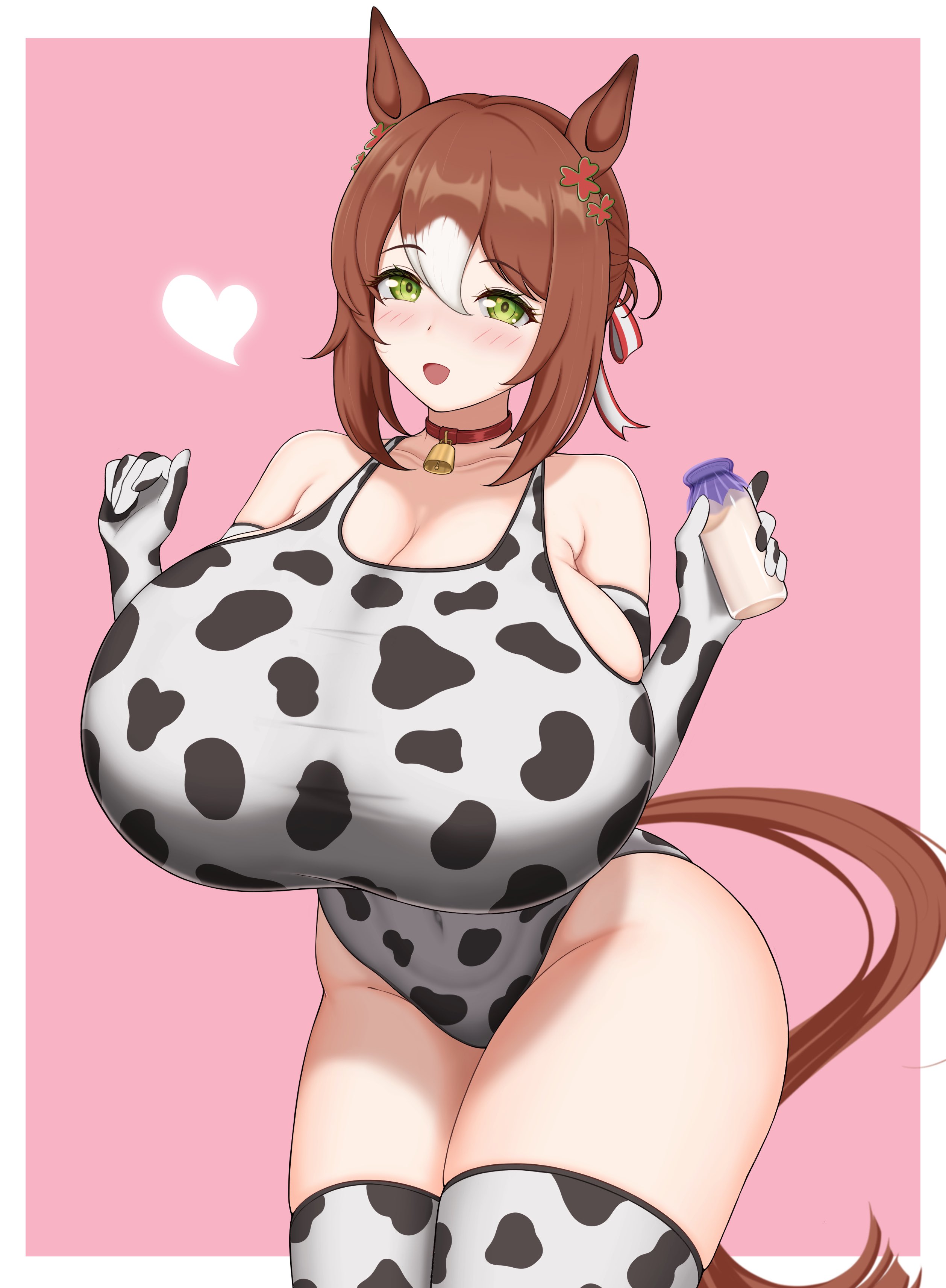 fine motion (umamusume), umamusume, artist request, 1girl, alternate breast size (larger), animal ears, animal print, blush, bottle, breasts, brown hair, choker, cleavage, covered navel, cow print, cow print gloves, cow print swimsuit, cow print thighhighs, cowbell, elbow gloves, flower, gigantic breasts, gloves, green eyes, hair flower, hair ornament, hair ribbon, heart, holding, holding bottle, horse ears, horse girl, horse tail, milk bottle, multicolored hair, neck bell, one-piece swimsuit, open mouth, pink background, print gloves, print thighhighs, red choker, ribbon, short hair, skindentation, smile, solo, standing, swimsuit, tail, thighhighs, thighs, white hair, yakitori (firebirdumai)