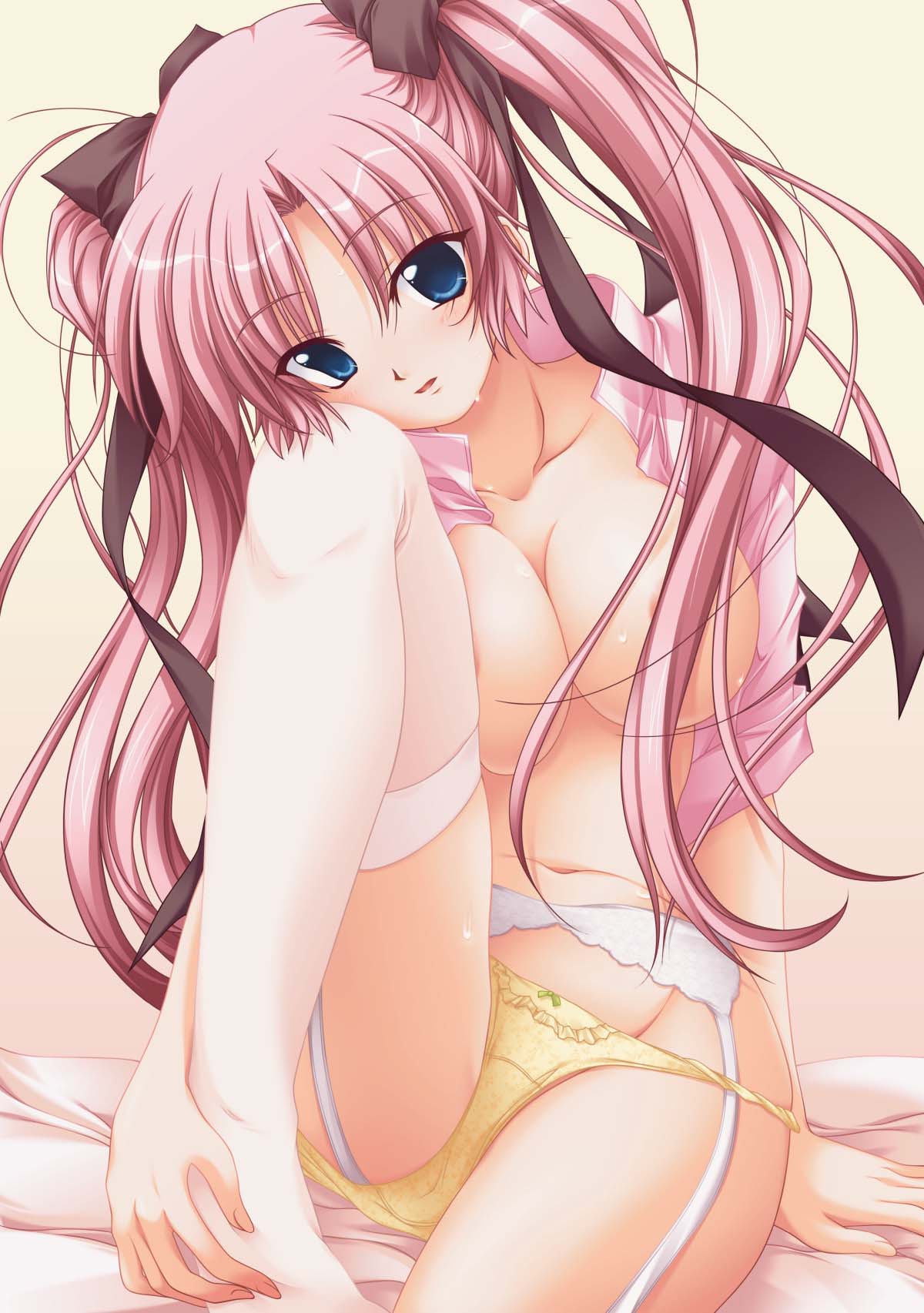 ayakaze ryuushou, takano hina, nurse no obenkyou, original, white legwear, highres, jpeg artifacts, bed, blue eyes, blush, bow, bow panties, breasts, censored, cleavage, convenient censoring, garter belt, hair over breasts, hair ribbon, head tilt, large breasts, leg lift, lingerie, long hair, navel, no bra, open clothes, open shirt, panties, pink hair, ribbon, shirt, sitting, solo, thighhighs, twintails, underwear, yellow panties