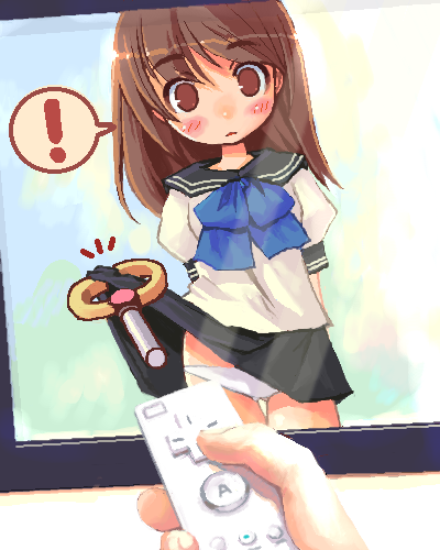shigatake, doki doki majo shinpan, majosaiban, nintendo, original, lowres, !, 1girl, blush, bow, brown eyes, brown hair, clothes lift, controller, female focus, game console, game controller, long hair, miniskirt, panties, school uniform, serafuku, skirt, skirt lift, solo, standing, thigh gap, thighs, underwear, upskirt, white panties, wii, wii remote