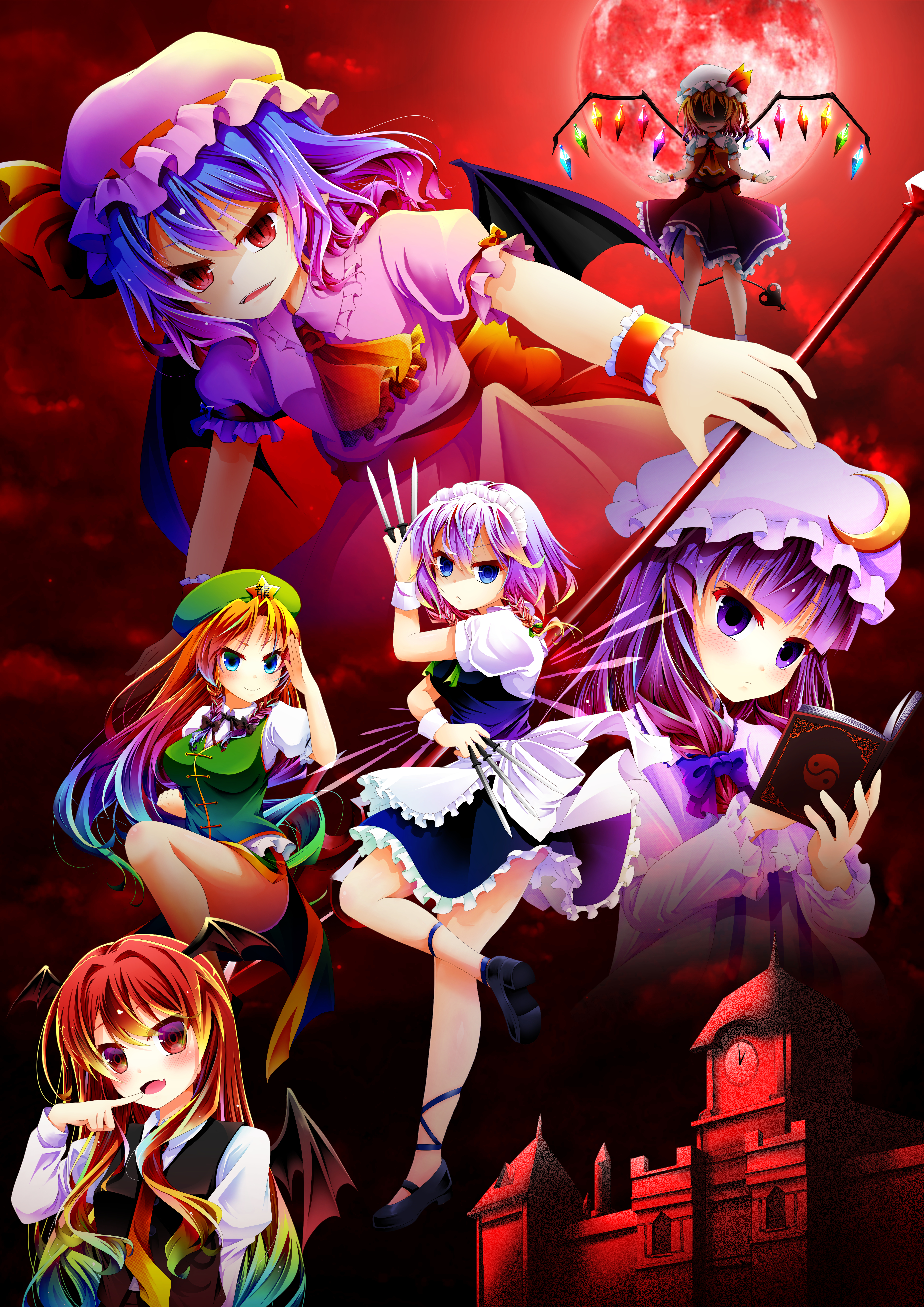 mii aki, flandre scarlet, hong meiling, izayoi sakuya, koakuma, patchouli knowledge, remilia scarlet, embodiment of scarlet devil, touhou, absurdres, commentary request, highres, 6+girls, apron, ascot, bat wings, beret, between fingers, black vest, blonde hair, blue eyes, blue ribbon, blue shoes, book, braid, building, collared shirt, crescent, crescent hat ornament, crystal, crystal wings, demon wings, frilled shirt collar, frills, full moon, green hat, green vest, grey hair, hat, hat ornament, hat ribbon, head wings, holding, holding book, holding knife, knife, knives between fingers, laevatein (touhou), leg ribbon, long hair, long sleeves, looking at viewer, maid, maid headdress, mob cap, moon, multicolored wings, multiple girls, necktie, one side up, open book, open mouth, pink hat, pink shirt, pink skirt, puffy short sleeves, puffy sleeves, purple eyes, purple hair, red ascot, red eyes, red hair, red moon, red necktie, red skirt, red sky, red vest, ribbon, scarlet devil mansion, shaded face, shirt, shoes, short sleeves, siblings, side slit, sisters, skirt, skirt set, sky, slit pupils, smile, spear the gungnir, star (symbol), star hat ornament, twin braids, vest, waist apron, white apron, white hat, white shirt, wings, wrist cuffs, yellow ascot, yin yang, yin yang print