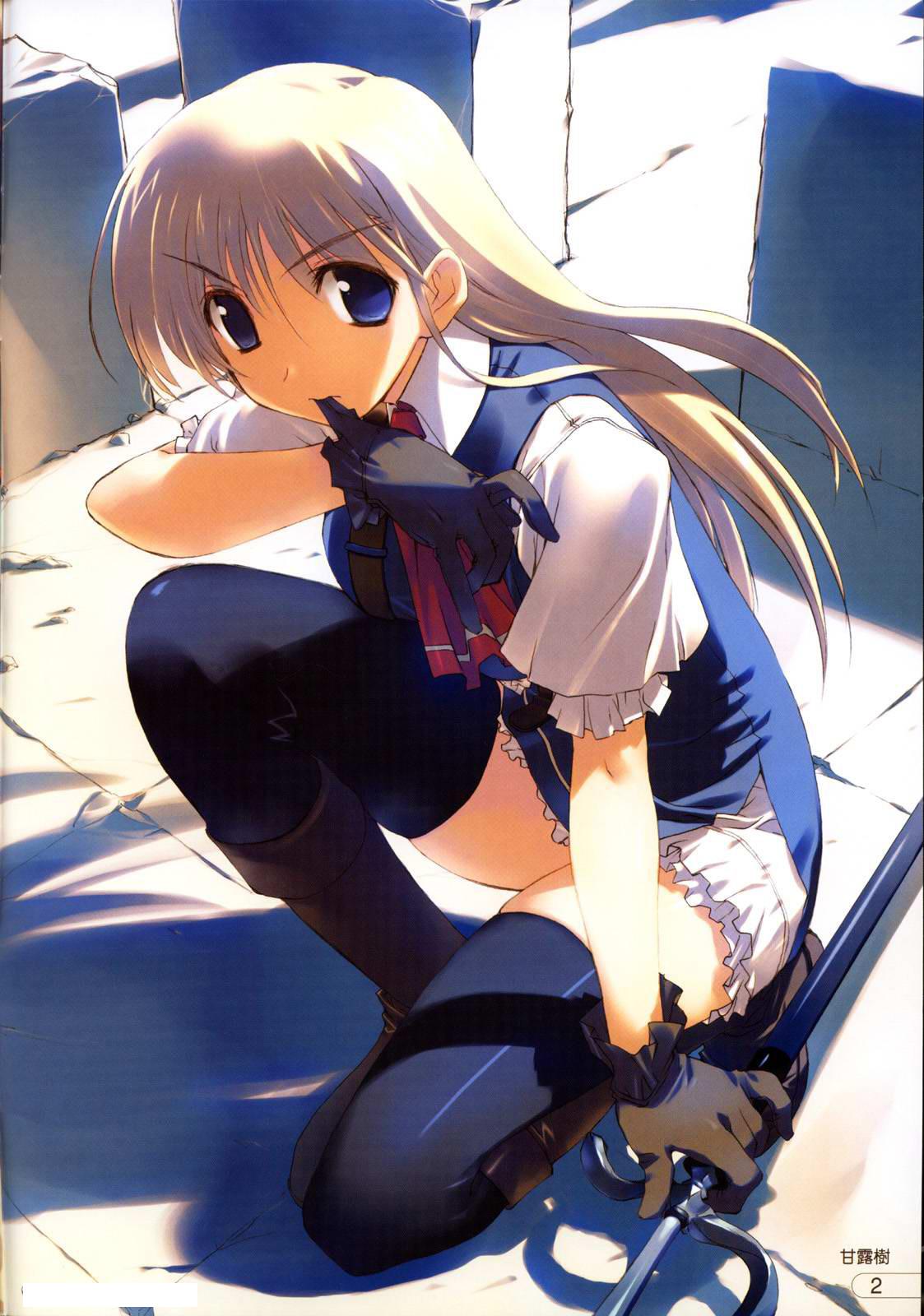 amazuyu tatsuki, original, highres, 1girl, biting, biting clothes, black thighhighs, blue eyes, boots, female focus, frilled skirt, frilled sleeves, frills, gloves, long hair, looking at viewer, skirt, solo, thighhighs, weapon, white hair