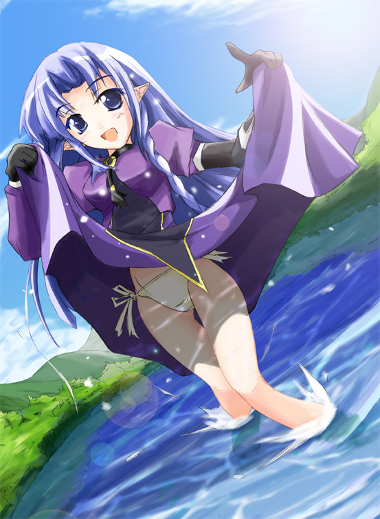 medea (caster) (fate), medea (fate), fate/stay night, fate (series), 00s, 1girl, black gloves, blue eyes, blue hair, clothes lift, dress, dress lift, dutch angle, elbow gloves, female focus, gloves, long hair, matching hair/eyes, panties, pointy ears, purple dress, side-tie panties, skirt, skirt lift, solo, standing, thigh gap, thighs, underwear, wading, water, white panties