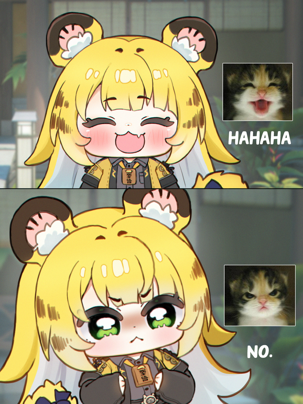 hue oo, ju fufu, zenless zone zero, commentary, highres, photo-referenced, symbol-only commentary, 1girl, :<, :d, ^ ^, animal ear fluff, animal ears, blonde hair, blunt bangs, blush, chibi, chibi only, closed eyes, closed mouth, collared shirt, colored inner hair, facing viewer, fang, green eyes, grey shirt, jacket, long hair, long sleeves, looking at viewer, multicolored hair, open mouth, reference sheet, shirt, skin fang, smile, striped hair, tail, tiger ears, tiger girl, tiger stripes, tiger tail, white hair, yellow jacket