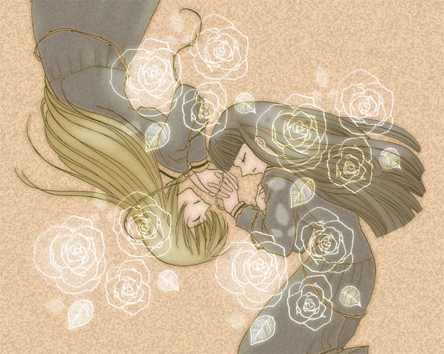 kubo shiori, satou sei, maria-sama ga miteru, 00s, 2girls, blonde hair, closed eyes, flower, holding hands, interlocked fingers, long hair, multiple girls, profile, rose, rotational symmetry, school uniform, serafuku, yuri