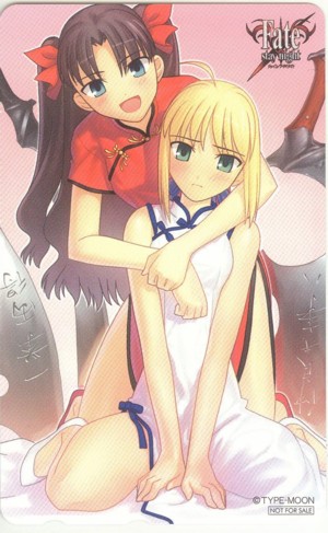 takeuchi takashi, artoria pendragon (fate), saber (fate), tohsaka rin, comiket 69, fate/stay night, fate (series), type-moon, lowres, 00s, 2girls, alternate costume, blonde hair, china dress, chinese clothes, comiket69, dress, hug, multiple girls, phonecard, shitajiki, two side up, yuri