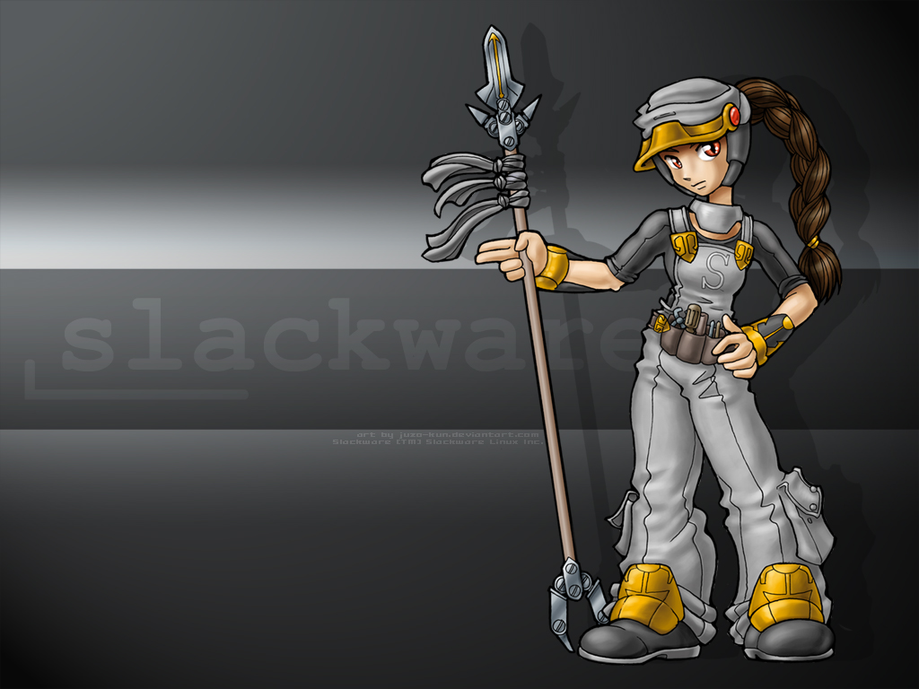 juzo-kun, slackware, linux, os-tan, 1girl, brown hair, female focus, hand on own hip, helmet, long hair, looking at viewer, overalls, pants, ponytail, red eyes, solo, staff, standing, very long hair