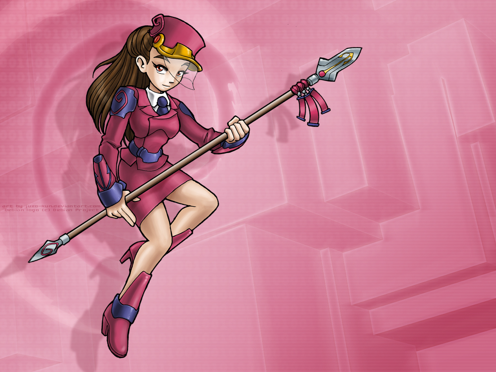 juzo-kun, debian, linux, os-tan, brown hair, hat, orange eyes, polearm, spear, weapon