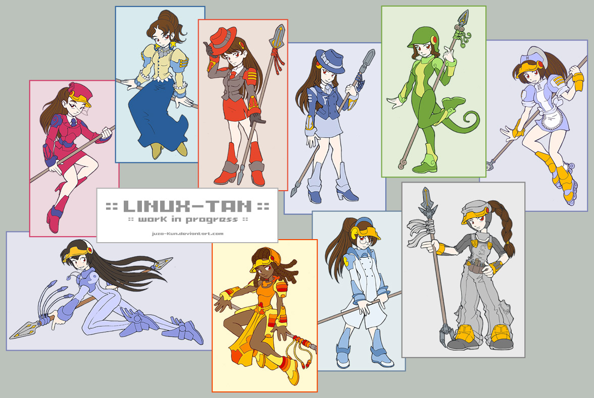 juzo-kun, archlinux, debian, fedora (linux), gentoo, knoppix, mandrake (linux), mandriva, redhat, slackware, suse, linux, os-tan, ubuntu, uniform, 6+girls, apron, blue bodysuit, bodysuit, boots, brown hair, costume, dark-skinned female, dark skin, dress, earrings, fedora, floating hair, formal clothes, hat, helmet, jacket, jewelry, long hair, long skirt, looking at viewer, mandrake, multiple girls, necktie, personification, polearm, ponytail, puffy sleeves, red eyes, red hair, redhatknoppix, roller skates, running, sitting, skates, skirt, skirt suit, spear, staff, standing, standing on one leg, star (symbol), suit, very long hair, waist apron, waitress, watermark, weapon