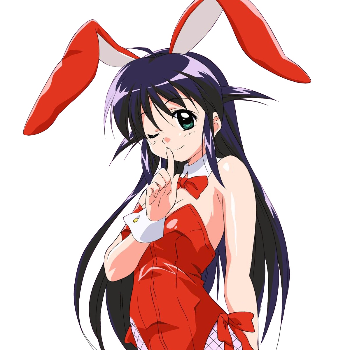 andou mahoro, mahoromatic, highres, jpeg artifacts, 1girl, ;), ahoge, animal ears, bare shoulders, black hair, bow, bowtie, detached collar, fake animal ears, female focus, finger to mouth, fishnet pantyhose, fishnets, flat chest, green eyes, leotard, long hair, one eye closed, pantyhose, playboy bunny, rabbit ears, red leotard, simple background, smile, solo, very long hair, white background, wink, wrist cuffs