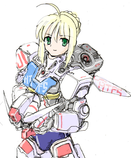 artoria pendragon (fate), saber (fate), fate/stay night, fate (series), gundam, alternate costume, crossover, mecha musume, parody, solo