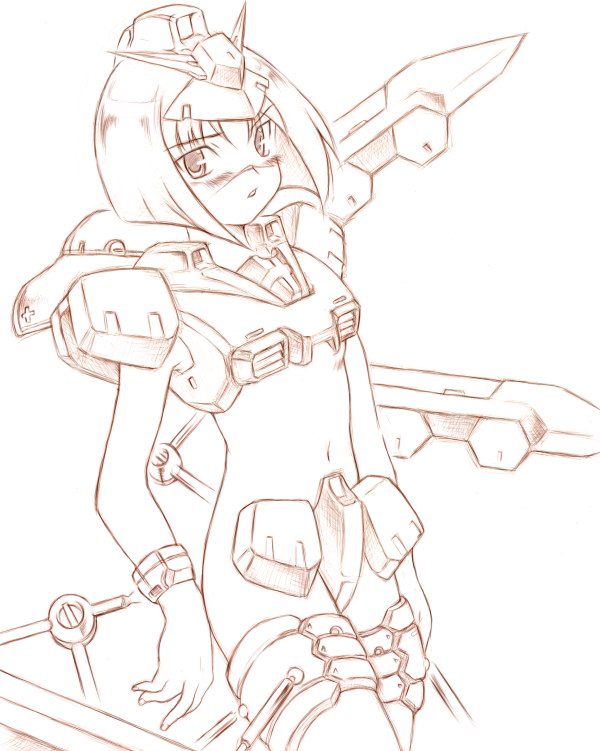 tsumura tokiko, busou renkin, gundam, 00s, bob cut, mecha musume, monochrome, solo