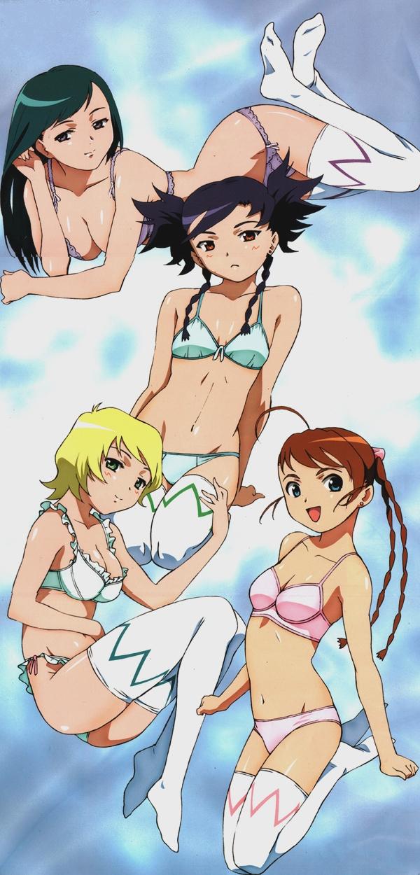 hirayama takaaki, arika yumemiya, erstin ho, nina wang, tomoe marguerite, megami magazine, my-otome, duplicate, highres, official art, 00s, 4girls, ahoge, aqua hair, blonde hair, blue eyes, blue hair, bra, braid, breasts, brown hair, cleavage, flat chest, green hair, lace, lace-trimmed panties, lace trim, lingerie, medium breasts, multiple girls, orange eyes, panties, pink panties, purple hair, red hair, side-tie panties, thighhighs, twin braids, twintails, underwear, underwear only
