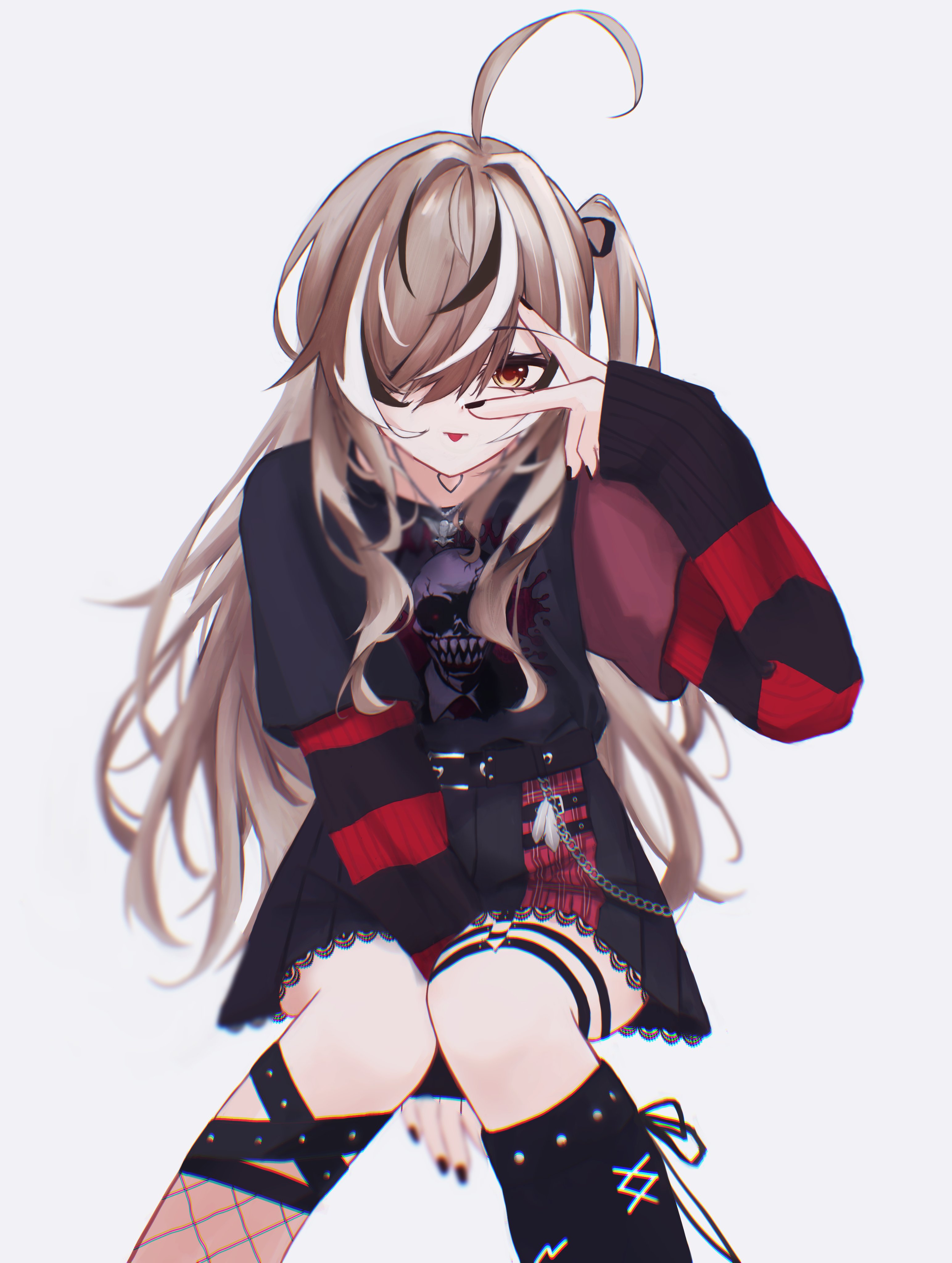 saltdcrmell, nanashi mumei, nanashi mumei (emo), nightmare (nanashi mumei), hololive, hololive english, absurdres, highres, 1girl, ahoge, belt, black belt, black hair, black leg warmers, black nails, black ribbon, black shirt, black skirt, black sweater, brown hair, closed mouth, emo fashion, fishnet socks, fishnets, hair intakes, hair over one eye, hair ribbon, hand between thighs, huge ahoge, jewelry, knees together feet apart, lace, lace-trimmed skirt, lace trim, layered sleeves, leg warmers, long hair, long sleeves, looking at viewer, multicolored hair, nail polish, necklace, o-ring, o-ring thigh strap, one side up, plaid clothes, plaid skirt, pleated skirt, red skirt, red sweater, ribbon, shirt, shirt tucked in, short over long sleeves, short sleeves, simple background, single fishnet legwear, single leg warmer, sitting, skirt, socks, solo, streaked hair, striped clothes, striped sweater, sweater, thigh strap, two-tone skirt, very long hair, virtual youtuber, white background, white hair