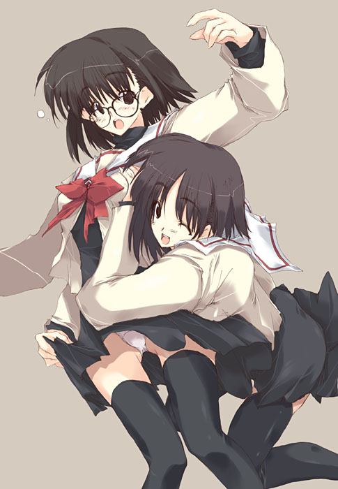 abimaru, 2girls, black hair, black thighhighs, bow, brown eyes, brown hair, dress, glasses, hug, multiple girls, one eye closed, open mouth, panties, pantyshot, school uniform, serafuku, short hair, standing, thighhighs, underwear, upskirt, white panties, wink