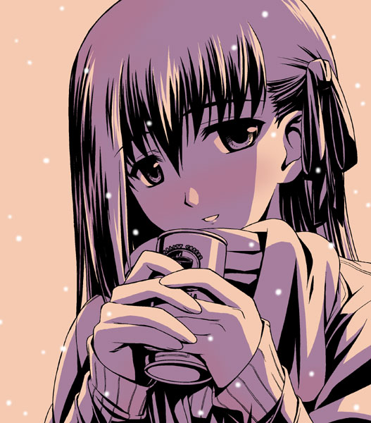 ishigaki takashi, matou sakura, fate/stay night, fate (series), 00s, 1girl, blush, can, female focus, hair ribbon, long hair, monochrome, ribbon, scarf, simple background, smile, snow, snowing, solo