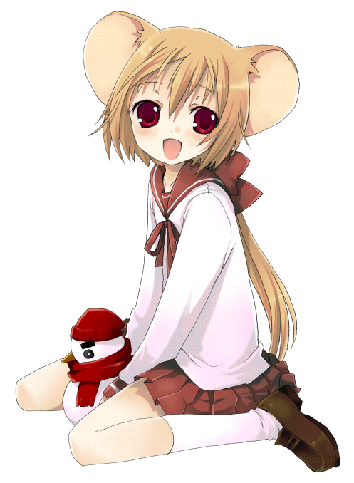 namori, original, 1girl, animal ears, blonde hair, child, female focus, flat chest, mouse ears, open mouth, pleated skirt, red eyes, school uniform, serafuku, shoes, sitting, skirt, smile, snowman, socks, solo, wariza