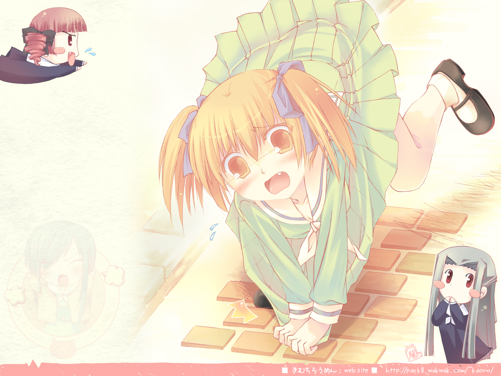 fukuzawa yumi, maria-sama ga miteru, highres, 00s, 1girl, black serafuku, chibi, chibi inset, covering own mouth, eyes visible through hair, female focus, green serafuku, hair between eyes, school uniform, serafuku, socks, solo, white socks