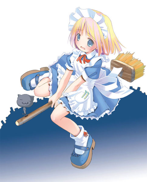pop, original, 1girl, apron, blonde hair, blue dress, blue eyes, blue shoes, blush, broom, broom riding, cat, dress, female focus, full body, hairband, maid, maid apron, maid headdress, mary janes, open mouth, red ribbon, ribbon, shoes, short hair, solo, wavy mouth
