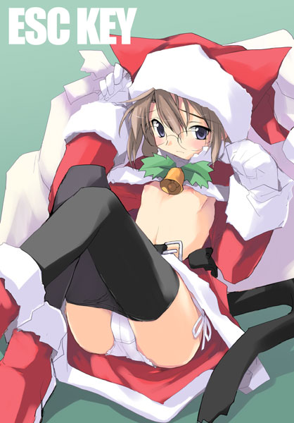 e=mc2 (mosimosi), original, 1girl, animal ears, animal hat, aqua background, bell, black pantyhose, blue eyes, boots, brown hair, cat ears, cat tail, christmas, clothes pull, collar, escape key, female focus, flat chest, glasses, gloves, hat, loli, midriff, neck bell, no bra, panties, pantyhose, pantyhose pull, sack, santa costume, short hair, side-tie panties, simple background, sitting, solo, tail, underwear, white gloves, white panties
