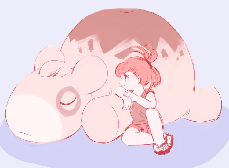 flannery (pokemon), numel, nintendo, pokemon, pokemon rse, 1girl, aged down, blue background, closed eyes, gen 3 pokemon, hmy6 (cosmonhaut), looking at another, pokemon (creature), red hair, sandals, shirt, sleeveless, sleeveless shirt