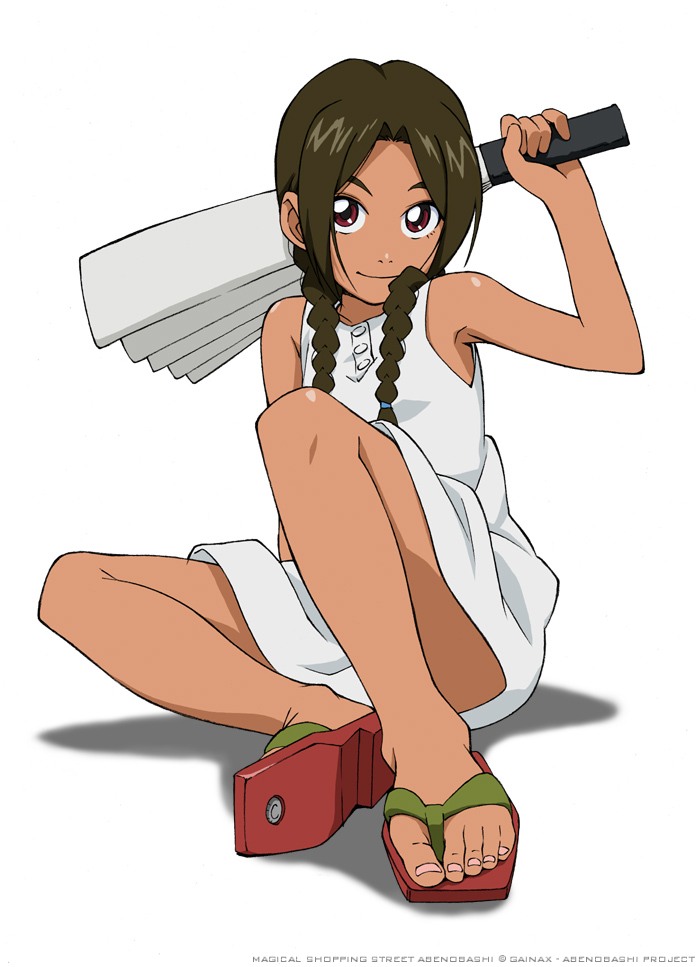 asahina arumi, abenobashi mahou shoutengai, 00s, 1girl, braid, brown hair, dress, female focus, flip-flops, hand fan, harisen, long hair, looking at viewer, red eyes, sandals, short dress, simple background, smile, solo, twin braids, white background, zouri