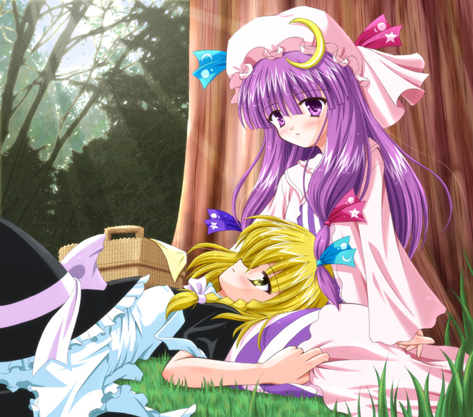 yamu (reverse noise), kirisame marisa, patchouli knowledge, touhou, striped, 2girls, :o, blonde hair, blunt bangs, blush, bow, braid, capelet, coat, crescent, day, dress, eye contact, female focus, forest, grass, hair bow, hat, hat bow, lap pillow, leg grab, light rays, long sleeves, looking at another, multiple girls, multiple hair bows, nature, nightgown, outdoors, picnic, picnic basket, pink bow, purple dress, purple eyes, purple hair, sleeves past wrists, smile, sunbeam, sunlight, tree, unworn hat, unworn headwear, veil, witch hat, yellow eyes