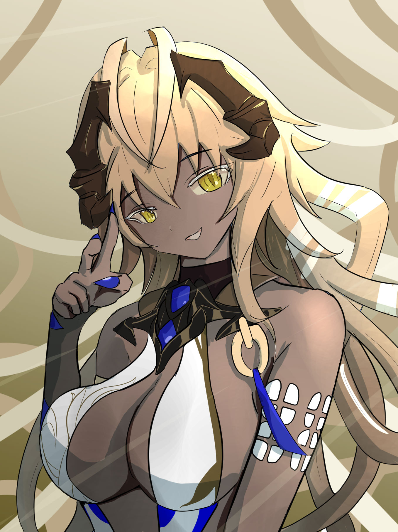 nahralab (honkai impact), honkai (series), honkai impact 3rd, highres, 1girl, 20002, arm up, armband, bare shoulders, blonde hair, blue nails, breasts, cleavage, cleavage cutout, clothing cutout, colored eyelashes, dark-skinned female, dark skin, diamond-shaped pupils, diamond (shape), dragon girl, dress, fingernails, hair between eyes, head tilt, horns, large breasts, long hair, looking at viewer, nail polish, sharp fingernails, sidelocks, sleeveless, sleeveless dress, smug, solo, symbol-shaped pupils, upper body, very long hair, white dress, white eyelashes, yellow eyes