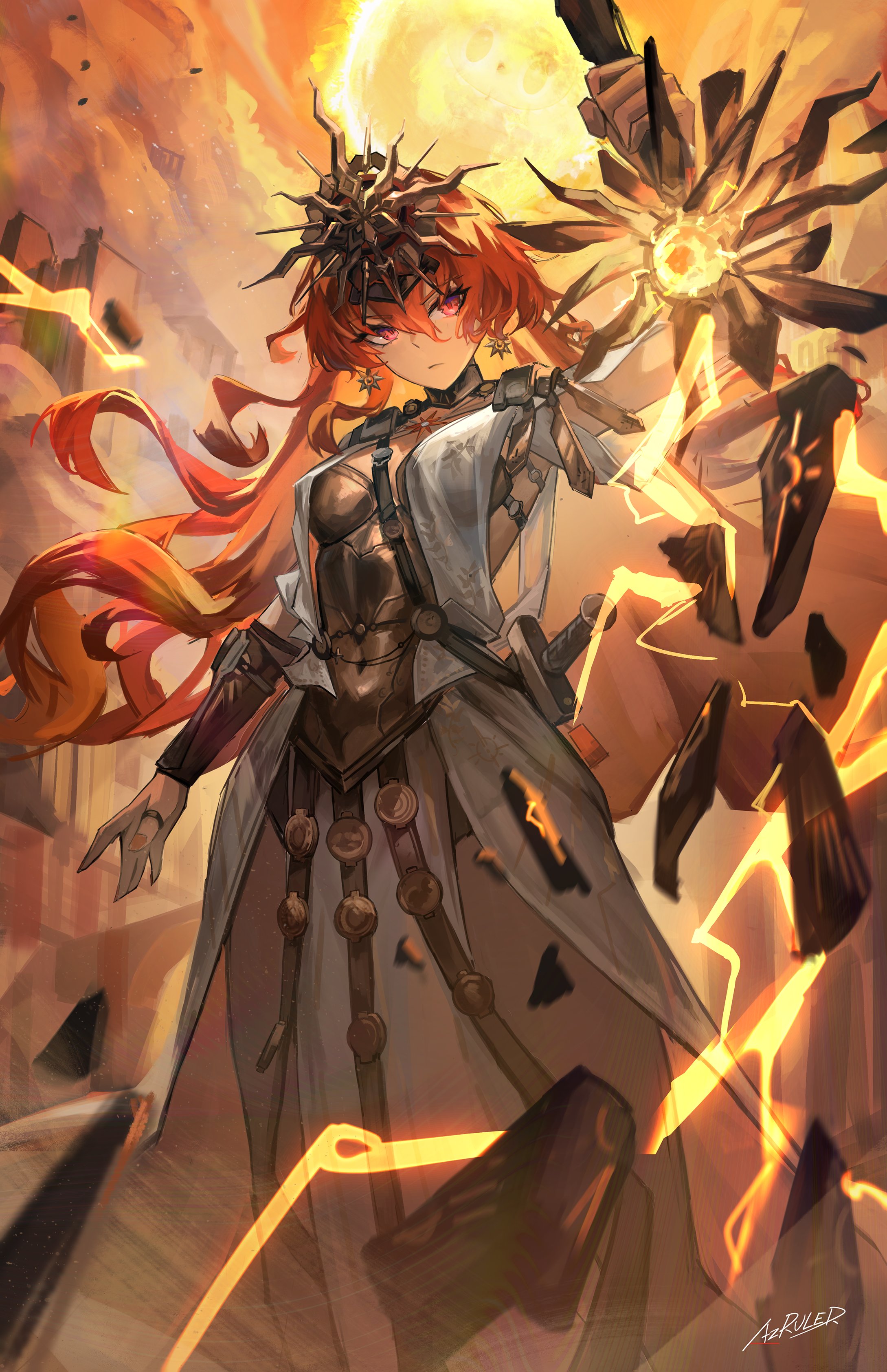 az'ruler, augusta (wuthering waves), wuthering waves, absurdres, commentary, highres, 1girl, ancient greek clothes, arm armor, armor, black collar, breastplate, breasts, closed mouth, collar, colored inner hair, dress, earrings, greatsword, greco-roman clothes, hair between eyes, headgear, holding, holding sword, holding weapon, jewelry, long hair, looking at object, medium breasts, multicolored hair, orange hair, red eyes, signature, solo, standing, sun earrings, sword, weapon, white dress