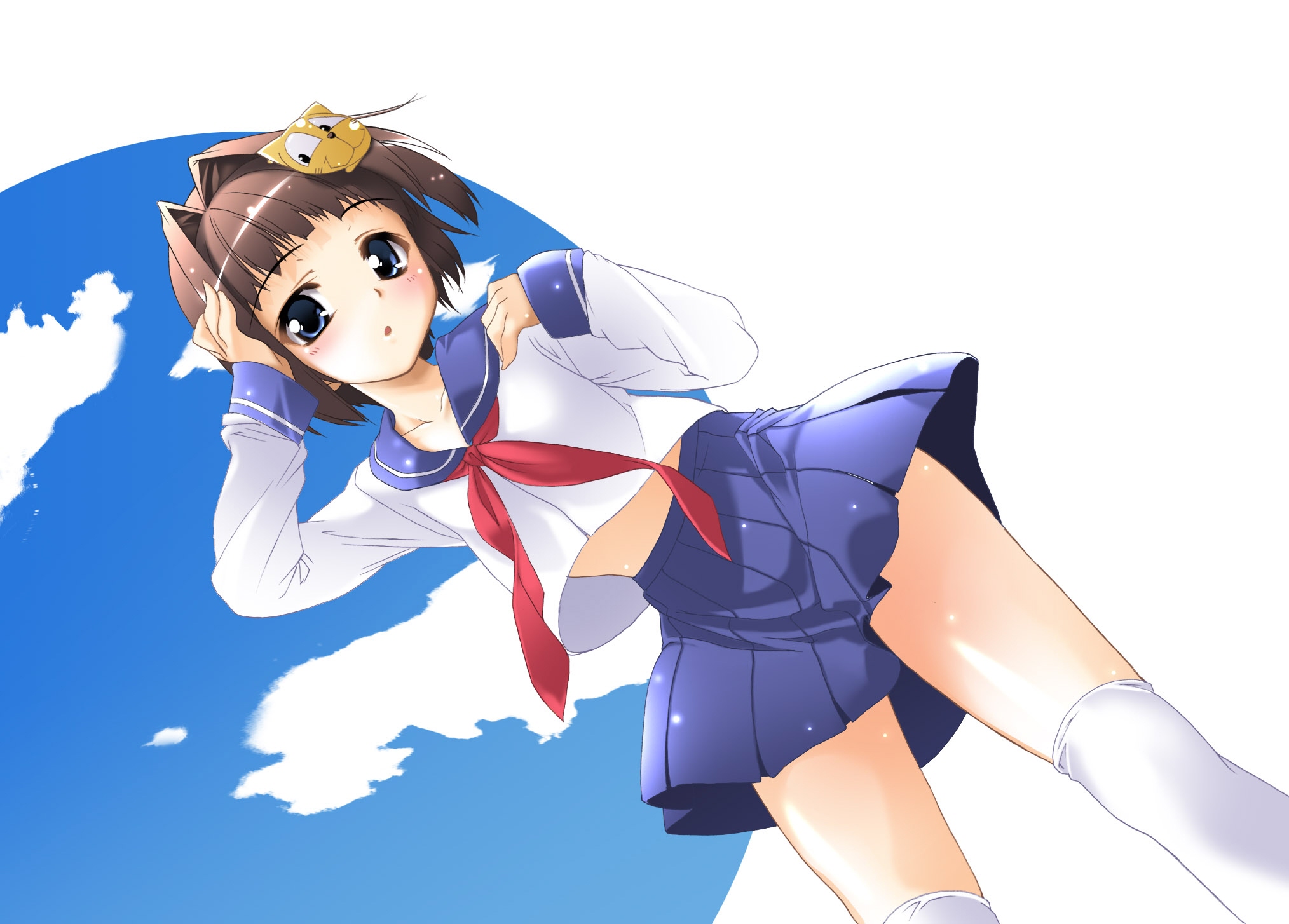 yoshihara maito, time capsule haru, highres, 1girl, blue eyes, blush, brown hair, cloud, collarbone, female focus, hair ornament, kneehighs, midriff, pleated skirt, school uniform, serafuku, skirt, sky, socks, solo