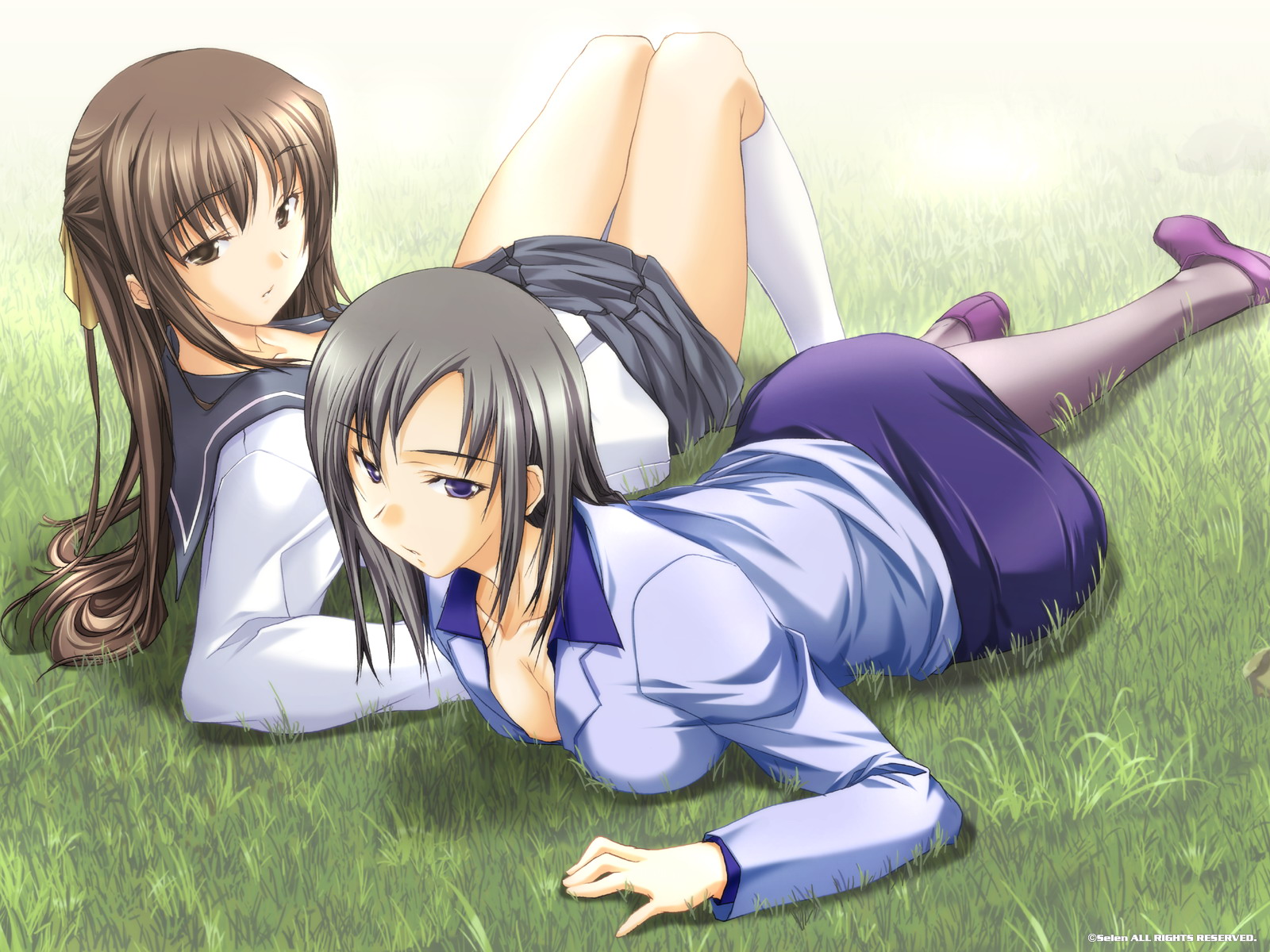 kawagishi keitarou, hizuki ayumi, hizuki shino, ringetsu, silver hair, highres, 2girls, blue eyes, brown eyes, brown hair, formal clothes, grass, kneehighs, long hair, multiple girls, office lady, pantyhose, pencil skirt, school uniform, serafuku, siblings, sisters, skirt, skirt suit, socks, suit, teacher, teacher and student