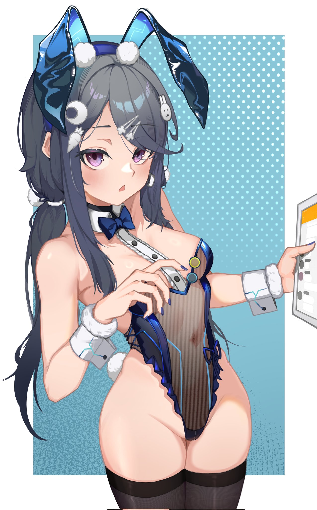 locria (lingyuzhisi), exia (hacker rabbit) (nikke), exia (nikke), goddess of victory: nikke, highres, 1girl, animal ears, black hair, black thighhighs, blue background, blue bow, blue bowtie, blue nails, blush, border, bow, bowtie, buttons, carrot hair ornament, cowboy shot, crescent, crescent hair ornament, detached collar, dotted background, fake animal ears, food-themed hair ornament, hair ornament, hairclip, hands up, holding, holding tablet pc, leotard, long sidelocks, looking at viewer, low twintails, outside border, playboy bunny, purple eyes, rabbit ears, rabbit hair ornament, rabbit tail, see-through clothes, see-through leotard, sidelocks, standing, strapless, strapless leotard, swept bangs, tablet pc, tail, thighhighs, triangle mouth, twintails, white border, wrist cuffs